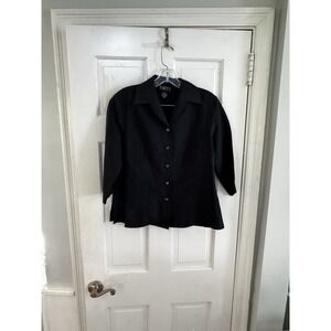 💙FINITY Button Up Short Sleeve Shirt 100% Linen Black Boxy Women Sz 6 Lagenlook